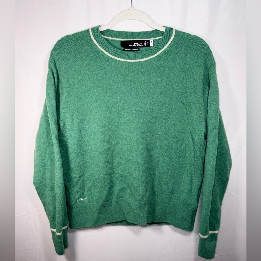 RLX Ralph Lauren 100% Cashmere Green Crewneck Sweater with White Trim Size Large